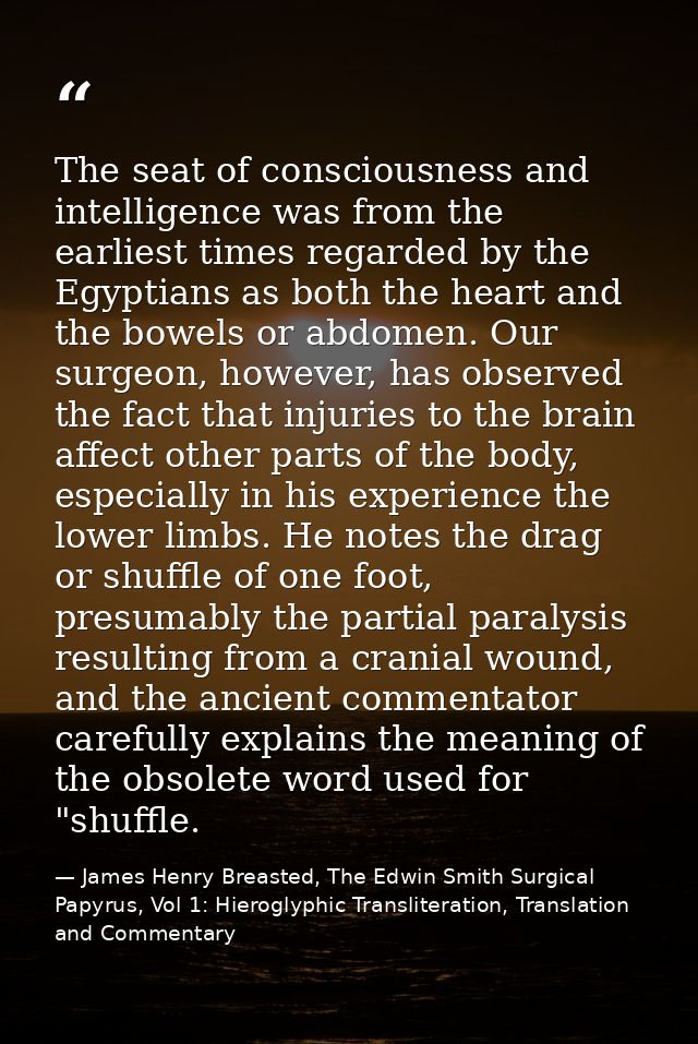 The seat of consciousness and intelligence was from the earliest times regarded by the Egyptians as both the heart and t — James Henry Breasted, The Edwin Smith Surgical Papyrus, Vol 1: Hieroglyphic Transliteration, Translation and Commentary