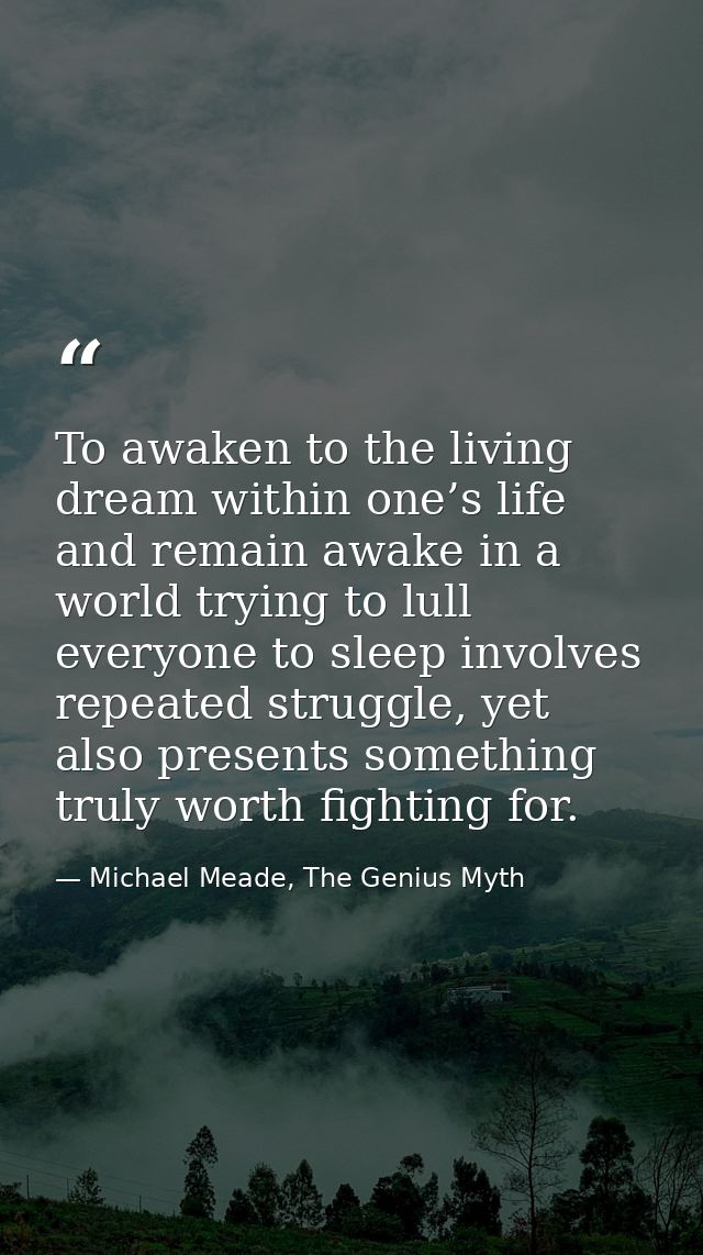 To awaken to the living dream within one’s life and remain awake in a world trying to lull everyone to sleep involves re — Michael Meade, The Genius Myth