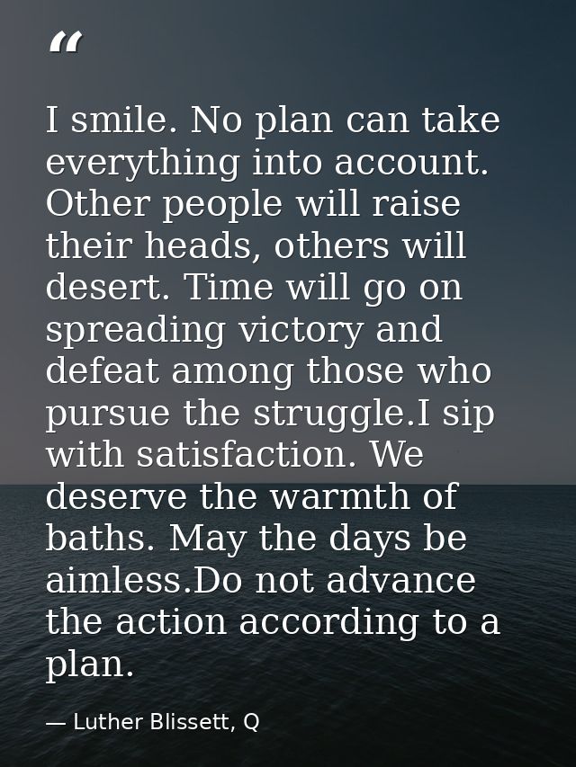 I smile. No plan can take everything into account. Other people will raise their heads, others will desert. Time will go — Luther Blissett, Q