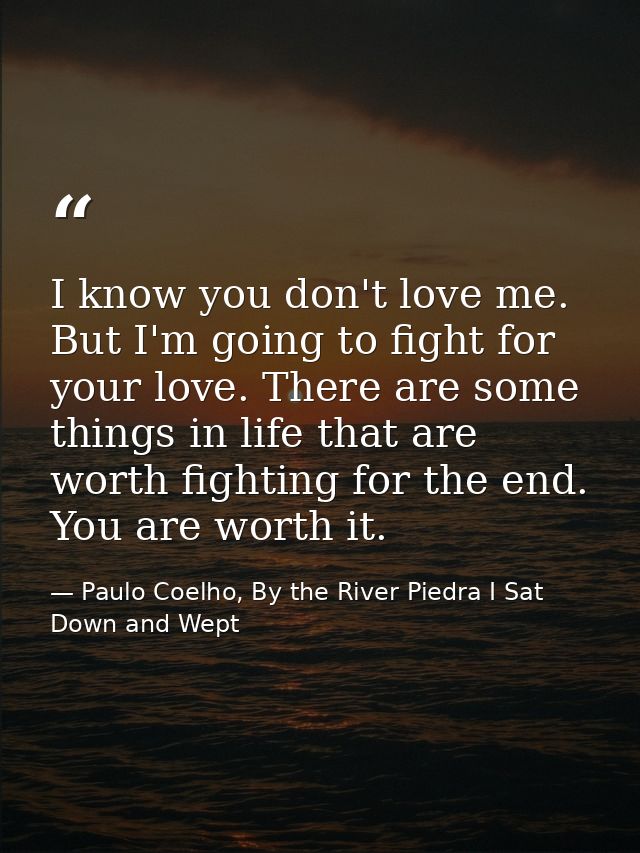 I know you don't love me. But I'm going to fight for your love. There are some things in life that are worth fighting fo — Paulo Coelho, By the River Piedra I Sat Down and Wept