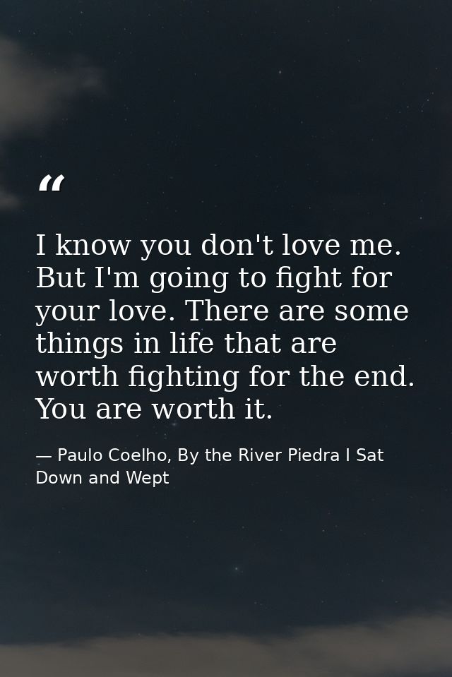 I know you don't love me. But I'm going to fight for your love. There are some things in life that are worth fighting fo — Paulo Coelho, By the River Piedra I Sat Down and Wept