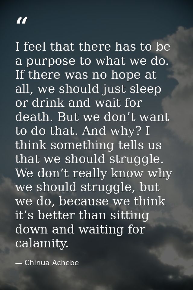 I feel that there has to be a purpose to what we do. If there was no hope at all, we should just sleep or drink and wait — Chinua Achebe