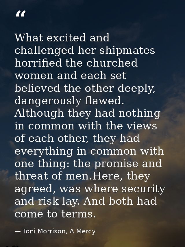 What excited and challenged her shipmates horrified the churched women and each set believed the other deeply, dangerous — Toni Morrison, A Mercy