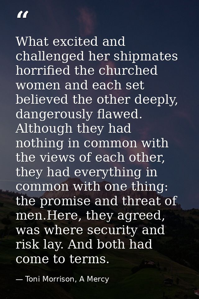 What excited and challenged her shipmates horrified the churched women and each set believed the other deeply, dangerous — Toni Morrison, A Mercy