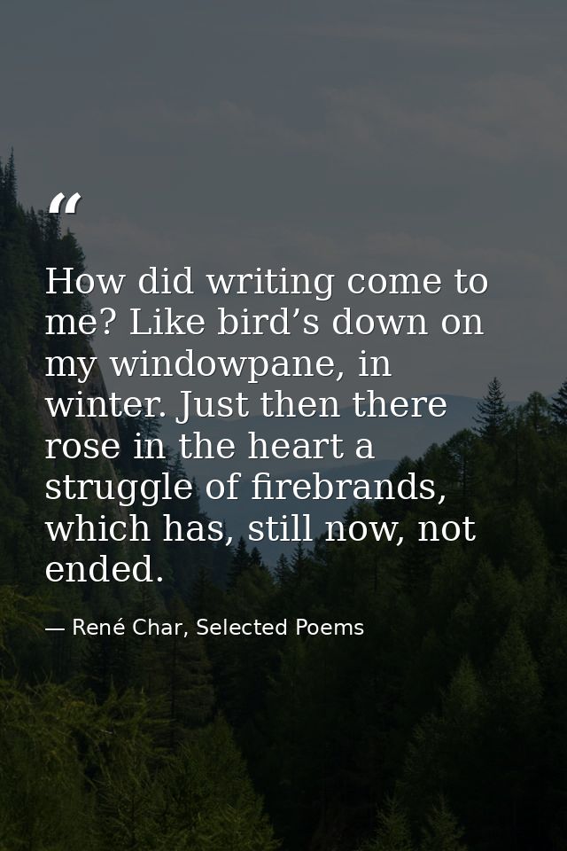 How did writing come to me? Like bird’s down on my windowpane, in winter. Just then there rose in the heart a struggle o — René Char, Selected Poems