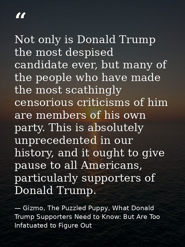 Not only is Donald Trump the most despised candidate ever, but many of the people who have made the most scathingly cens — Gizmo, The Puzzled Puppy, What Donald Trump Supporters Need to Know: But Are Too Infatuated to Figure Out