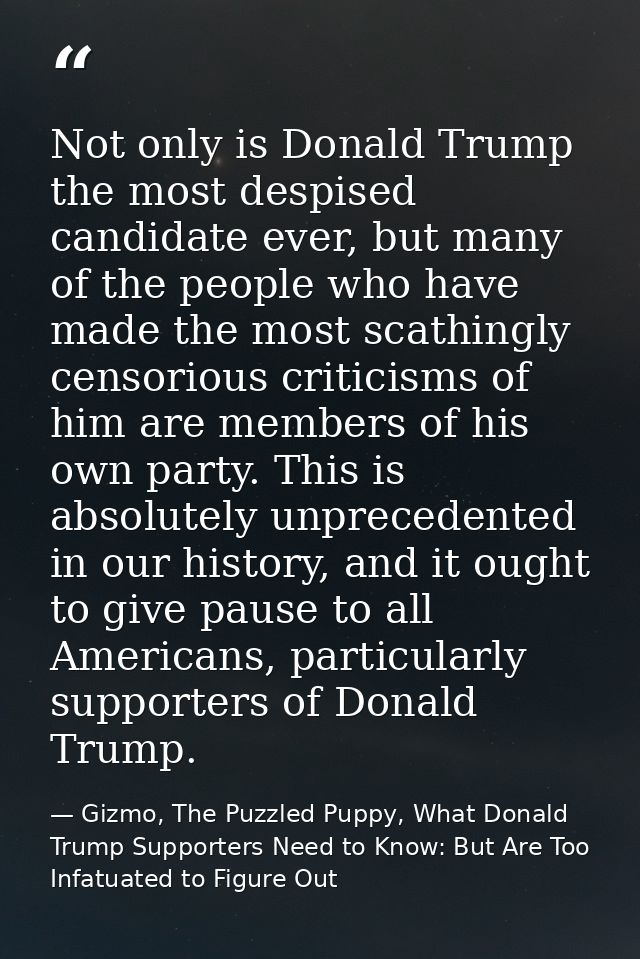 Not only is Donald Trump the most despised candidate ever, but many of the people who have made the most scathingly cens — Gizmo, The Puzzled Puppy, What Donald Trump Supporters Need to Know: But Are Too Infatuated to Figure Out