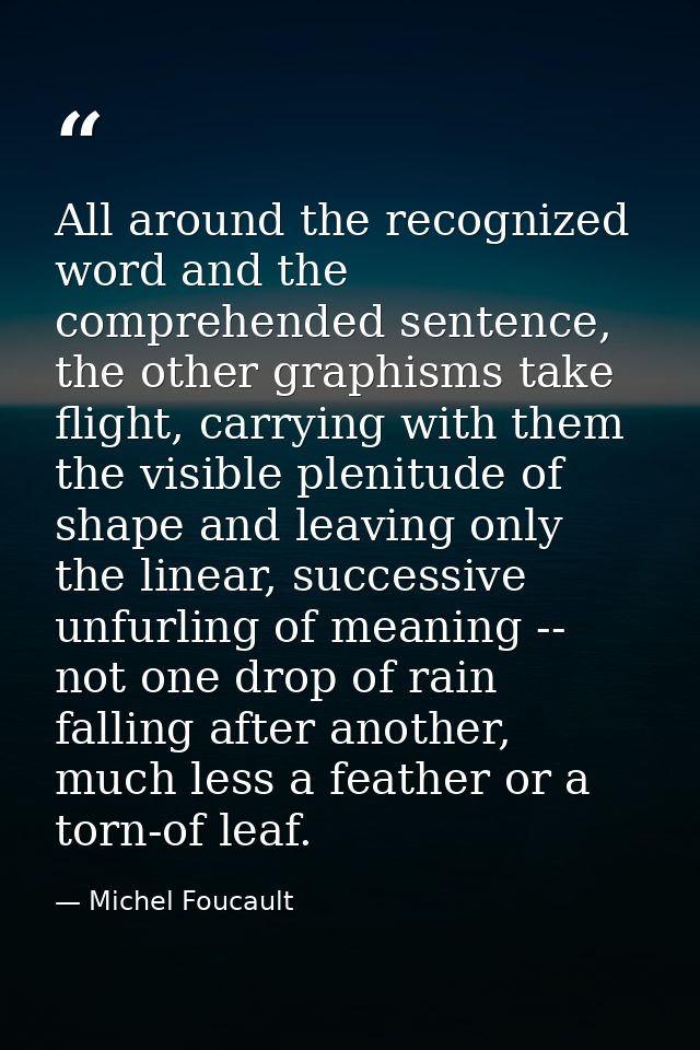 All around the recognized word and the comprehended sentence, the other graphisms take flight, carrying with them the vi — Michel Foucault