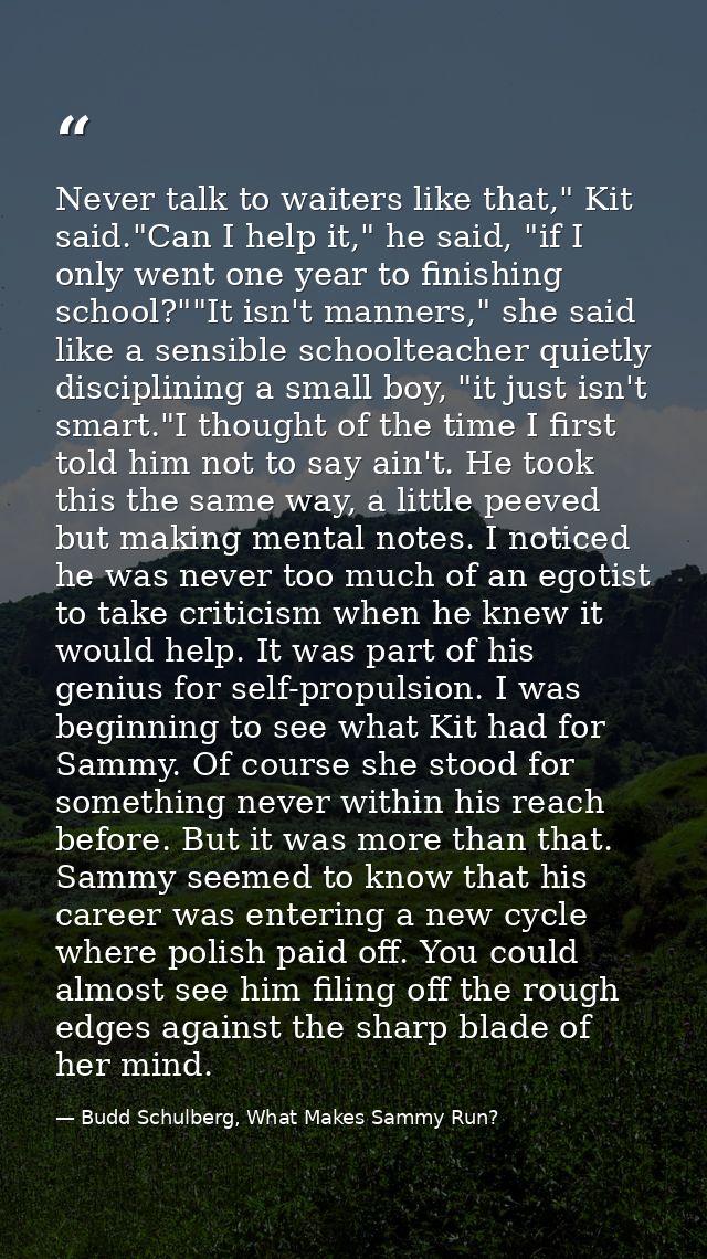 Never talk to waiters like that," Kit said."Can I help it," he said, "if I only went one year to finishing school?""It i — Budd Schulberg, What Makes Sammy Run?