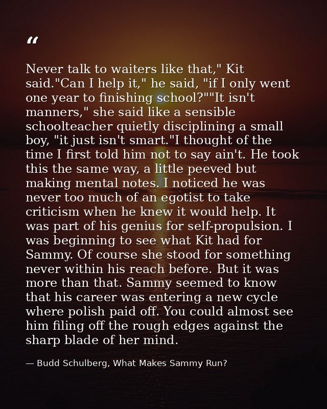 Never talk to waiters like that," Kit said."Can I help it," he said, "if I only went one year to finishing school?""It i — Budd Schulberg, What Makes Sammy Run?