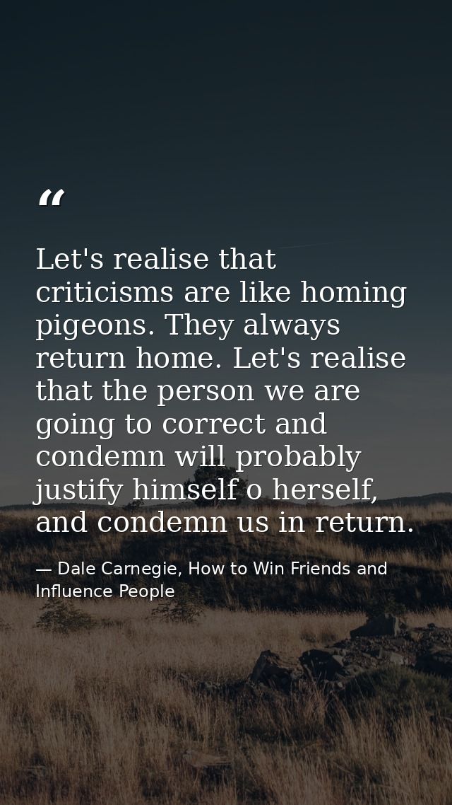 Let's realise that criticisms are like homing pigeons. They always return home. Let's realise that the person we are goi — Dale Carnegie, How to Win Friends and Influence People
