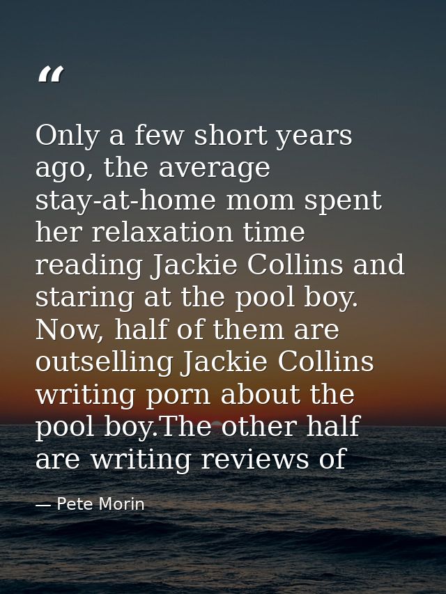 Only a few short years ago, the average stay-at-home mom spent her relaxation time reading Jackie Collins and staring at — Pete Morin