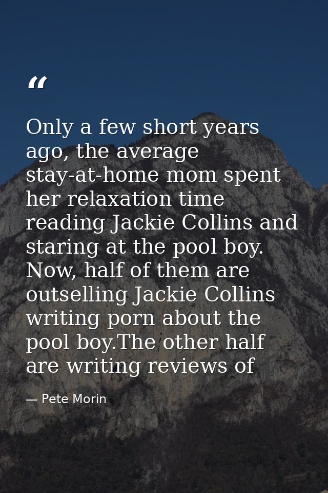 Only a few short years ago, the average stay-at-home mom spent her relaxation time reading Jackie Collins and staring at — Pete Morin