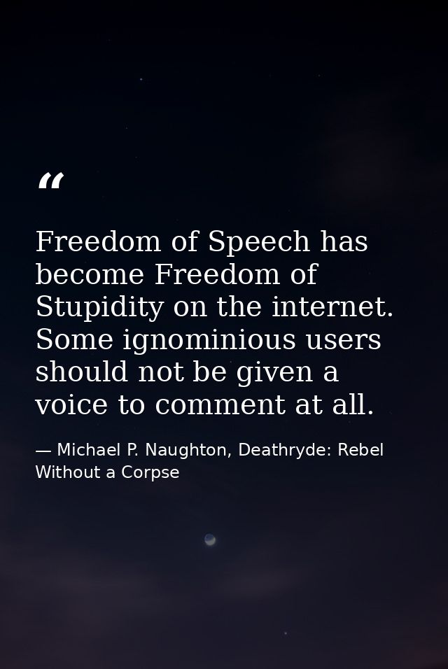 Freedom of Speech has become Freedom of Stupidity on the internet. Some ignominious users should not be given a voice to — Michael P. Naughton, Deathryde: Rebel Without a Corpse