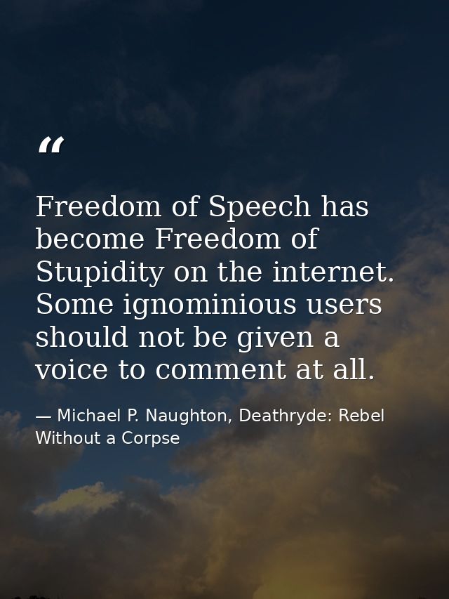 Freedom of Speech has become Freedom of Stupidity on the internet. Some ignominious users should not be given a voice to — Michael P. Naughton, Deathryde: Rebel Without a Corpse