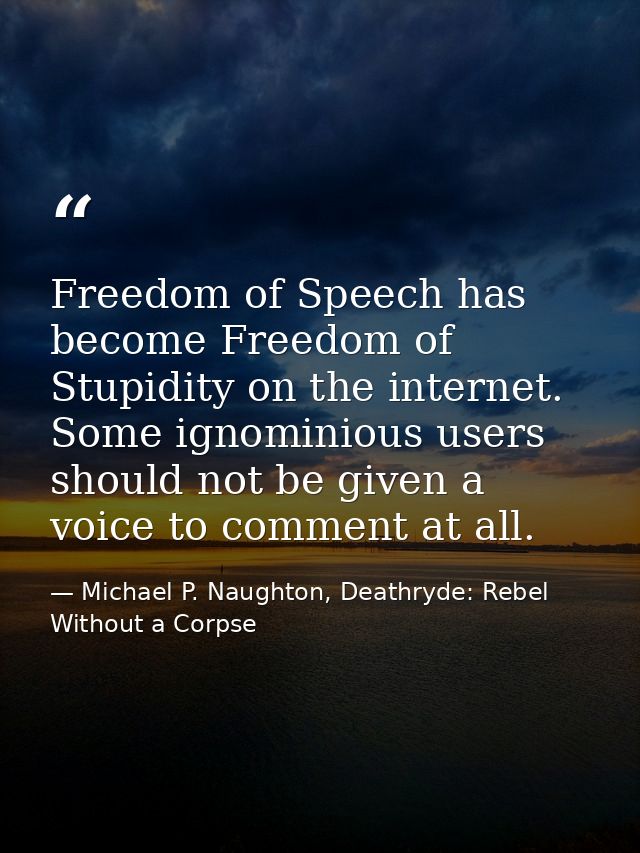 Freedom of Speech has become Freedom of Stupidity on the internet. Some ignominious users should not be given a voice to — Michael P. Naughton, Deathryde: Rebel Without a Corpse