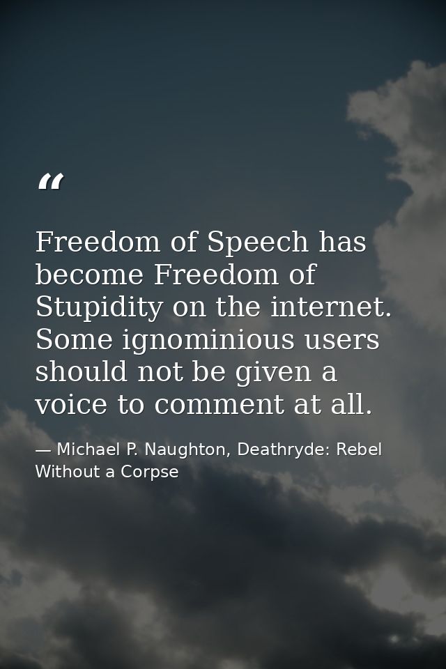 Freedom of Speech has become Freedom of Stupidity on the internet. Some ignominious users should not be given a voice to — Michael P. Naughton, Deathryde: Rebel Without a Corpse