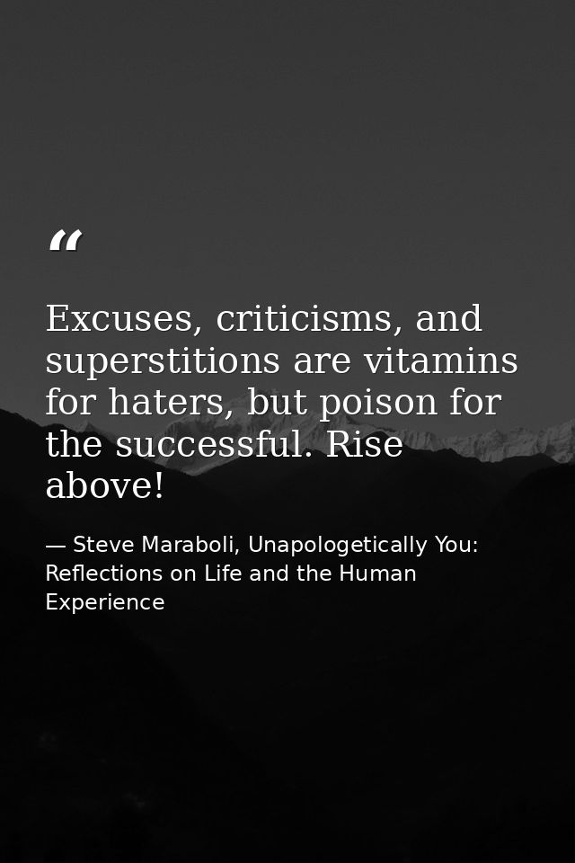 Excuses, criticisms, and superstitions are vitamins for haters, but poison for the successful. Rise above! — Steve Maraboli, Unapologetically You: Reflections on Life and the Human Experience