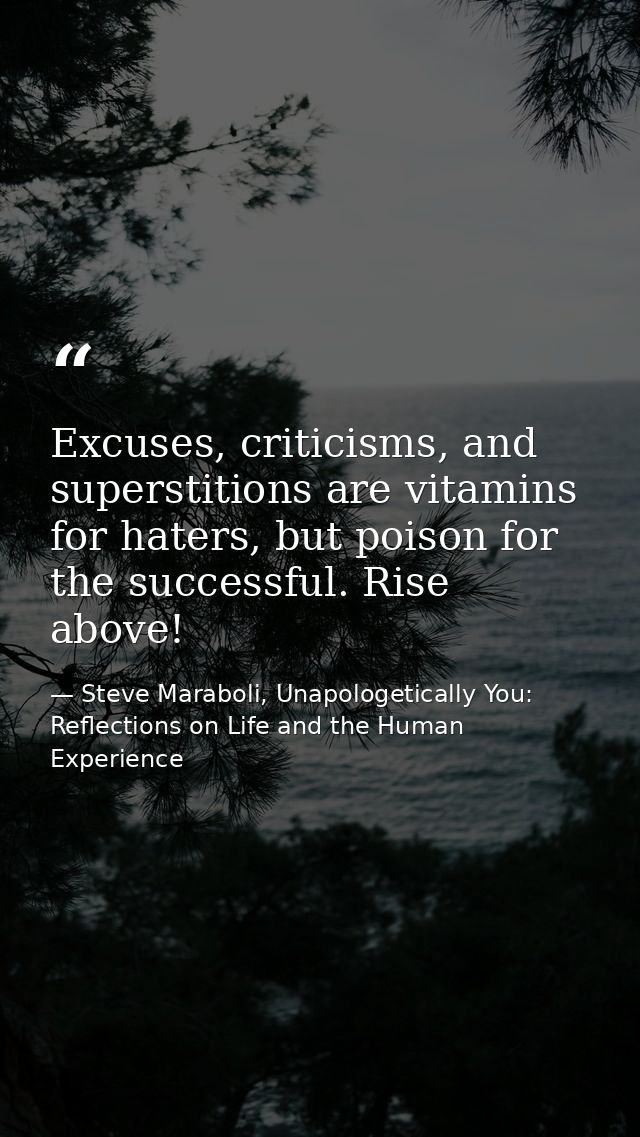 Excuses, criticisms, and superstitions are vitamins for haters, but poison for the successful. Rise above! — Steve Maraboli, Unapologetically You: Reflections on Life and the Human Experience