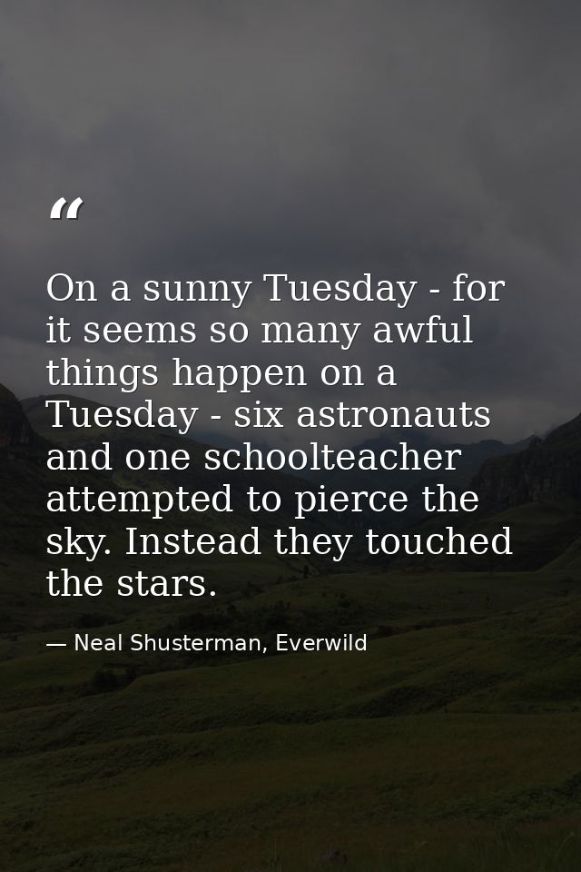 On a sunny Tuesday - for it seems so many awful things happen on a Tuesday - six astronauts and one schoolteacher attemp — Neal Shusterman, Everwild