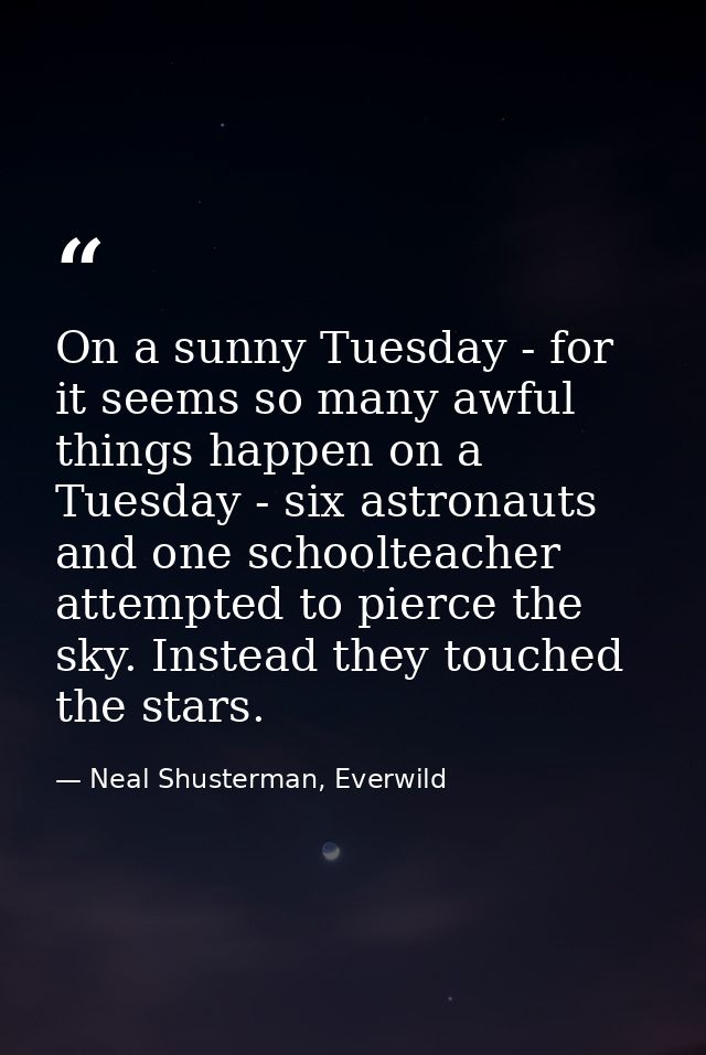On a sunny Tuesday - for it seems so many awful things happen on a Tuesday - six astronauts and one schoolteacher attemp — Neal Shusterman, Everwild