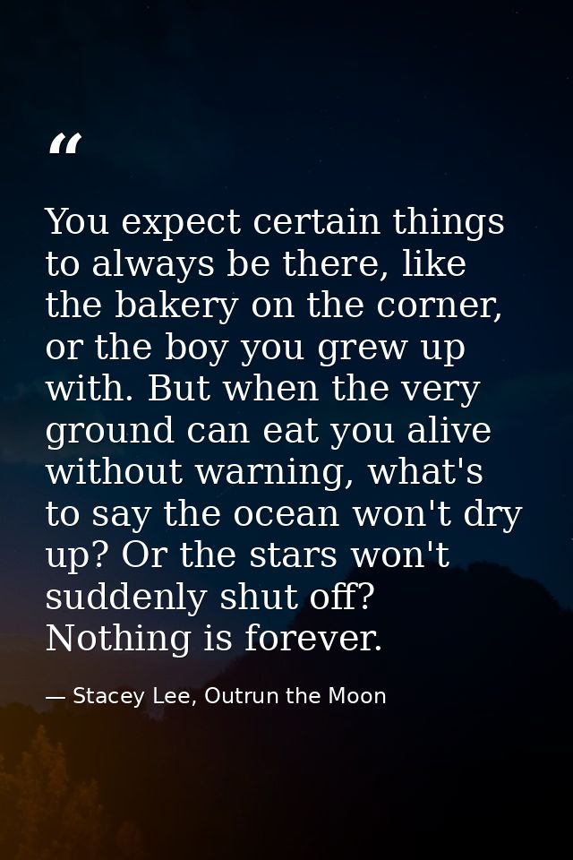 You expect certain things to always be there, like the bakery on the corner, or the boy you grew up with. But when the v — Stacey Lee, Outrun the Moon