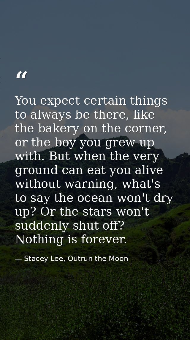 You expect certain things to always be there, like the bakery on the corner, or the boy you grew up with. But when the v — Stacey Lee, Outrun the Moon