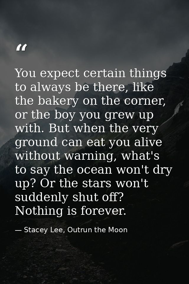 You expect certain things to always be there, like the bakery on the corner, or the boy you grew up with. But when the v — Stacey Lee, Outrun the Moon