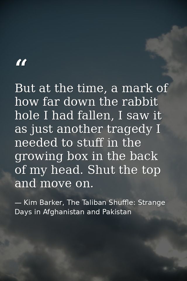 But at the time, a mark of how far down the rabbit hole I had fallen, I saw it as just another tragedy I needed to stuff — Kim Barker, The Taliban Shuffle: Strange Days in Afghanistan and Pakistan