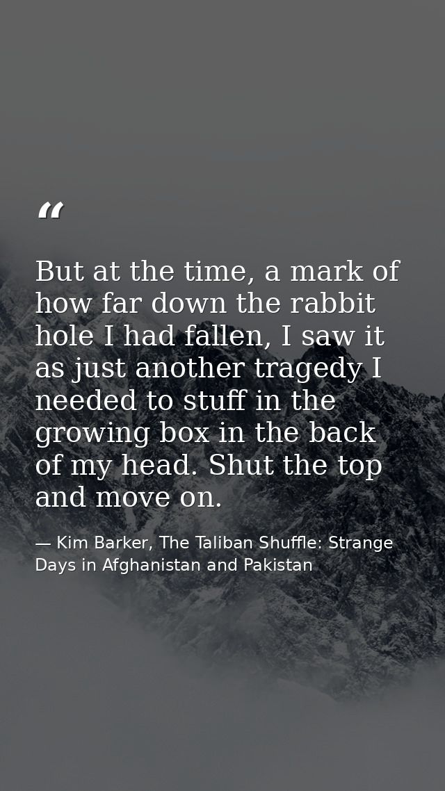 But at the time, a mark of how far down the rabbit hole I had fallen, I saw it as just another tragedy I needed to stuff — Kim Barker, The Taliban Shuffle: Strange Days in Afghanistan and Pakistan