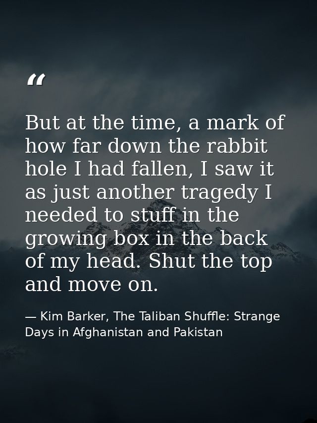 But at the time, a mark of how far down the rabbit hole I had fallen, I saw it as just another tragedy I needed to stuff — Kim Barker, The Taliban Shuffle: Strange Days in Afghanistan and Pakistan