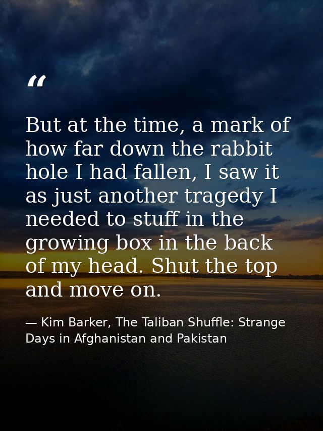 But at the time, a mark of how far down the rabbit hole I had fallen, I saw it as just another tragedy I needed to stuff — Kim Barker, The Taliban Shuffle: Strange Days in Afghanistan and Pakistan