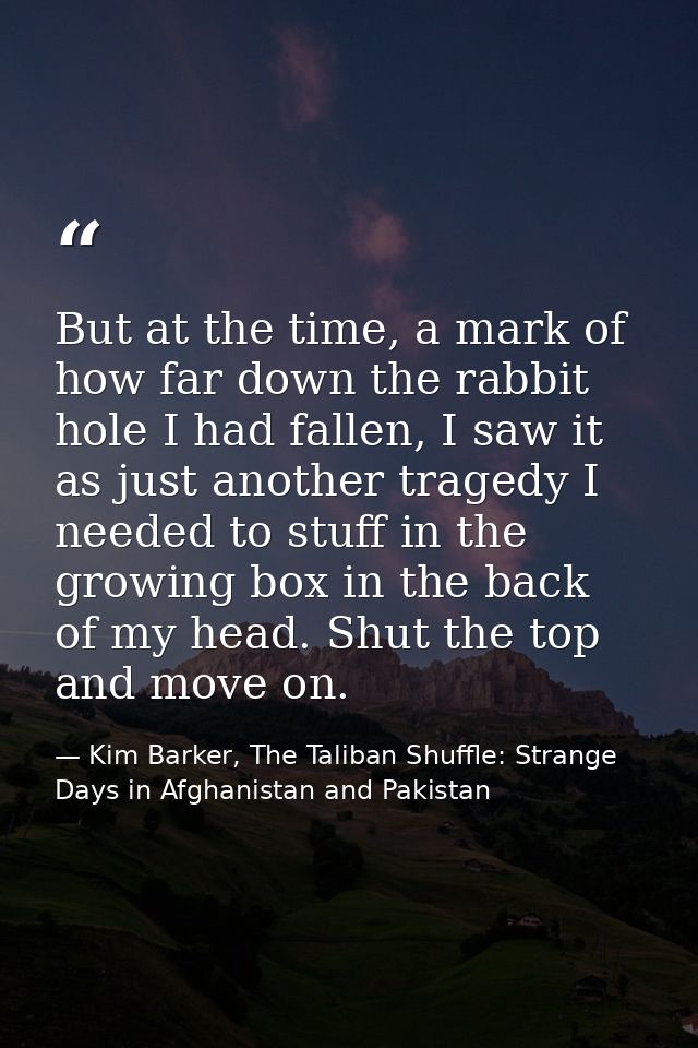 But at the time, a mark of how far down the rabbit hole I had fallen, I saw it as just another tragedy I needed to stuff — Kim Barker, The Taliban Shuffle: Strange Days in Afghanistan and Pakistan