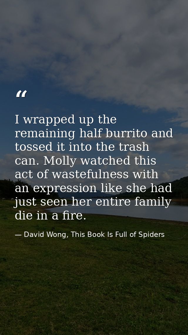 I wrapped up the remaining half burrito and tossed it into the trash can. Molly watched this act of wastefulness with an — David Wong, This Book Is Full of Spiders