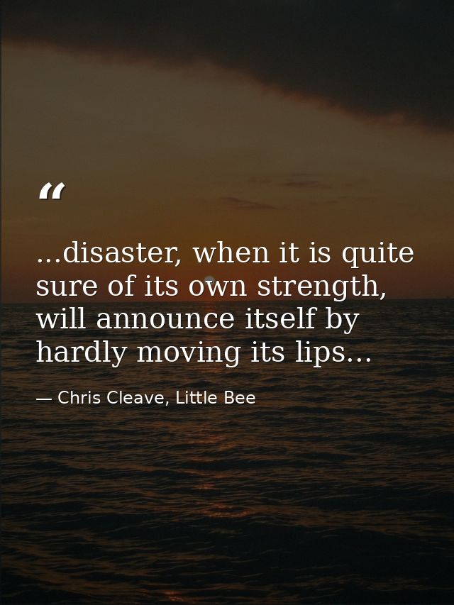 ...disaster, when it is quite sure of its own strength, will announce itself by hardly moving its lips... — Chris Cleave, Little Bee