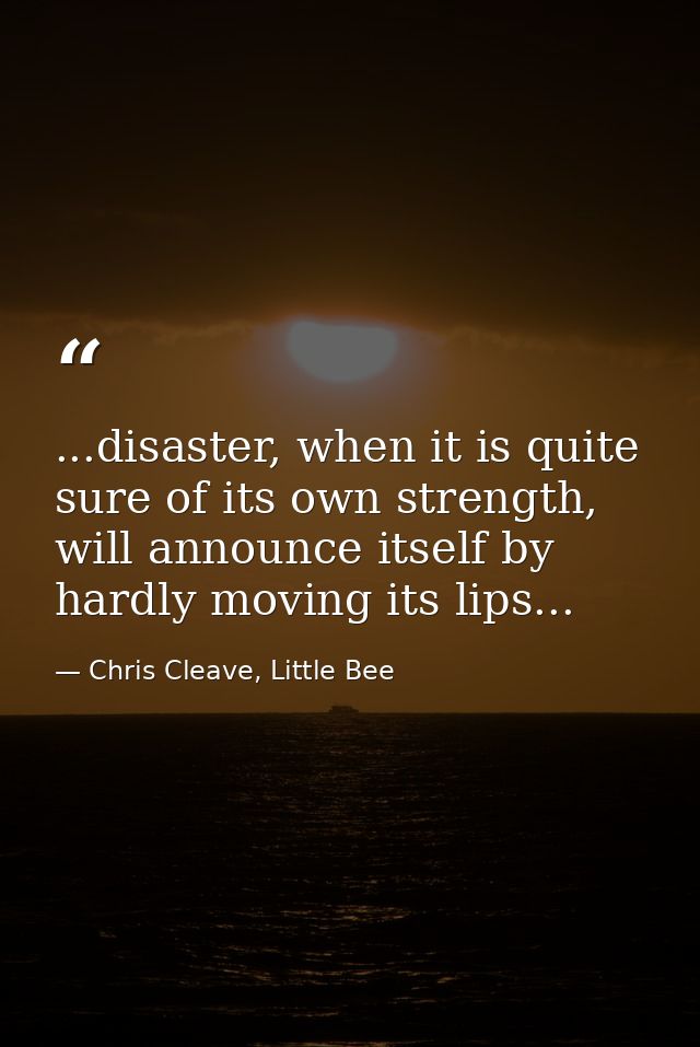 ...disaster, when it is quite sure of its own strength, will announce itself by hardly moving its lips... — Chris Cleave, Little Bee