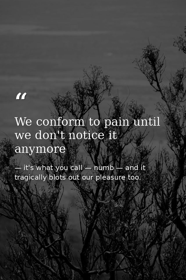 We conform to pain until we don't notice it anymore — it's what you call — numb — and it tragically blots out our pleasure too.