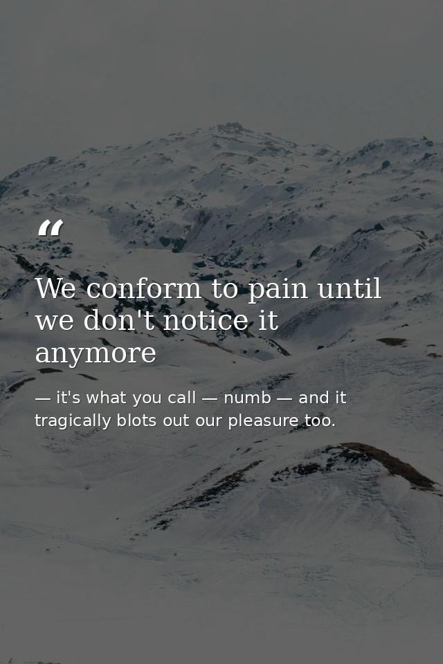 We conform to pain until we don't notice it anymore — it's what you call — numb — and it tragically blots out our pleasure too.