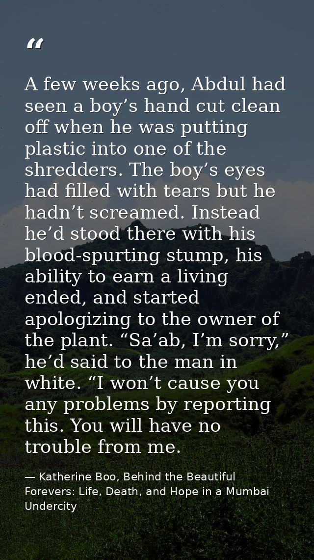A few weeks ago, Abdul had seen a boy’s hand cut clean off when he was putting plastic into one of the shredders. The bo — Katherine Boo, Behind the Beautiful Forevers: Life, Death, and Hope in a Mumbai Undercity