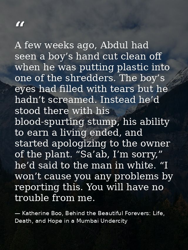 A few weeks ago, Abdul had seen a boy’s hand cut clean off when he was putting plastic into one of the shredders. The bo — Katherine Boo, Behind the Beautiful Forevers: Life, Death, and Hope in a Mumbai Undercity