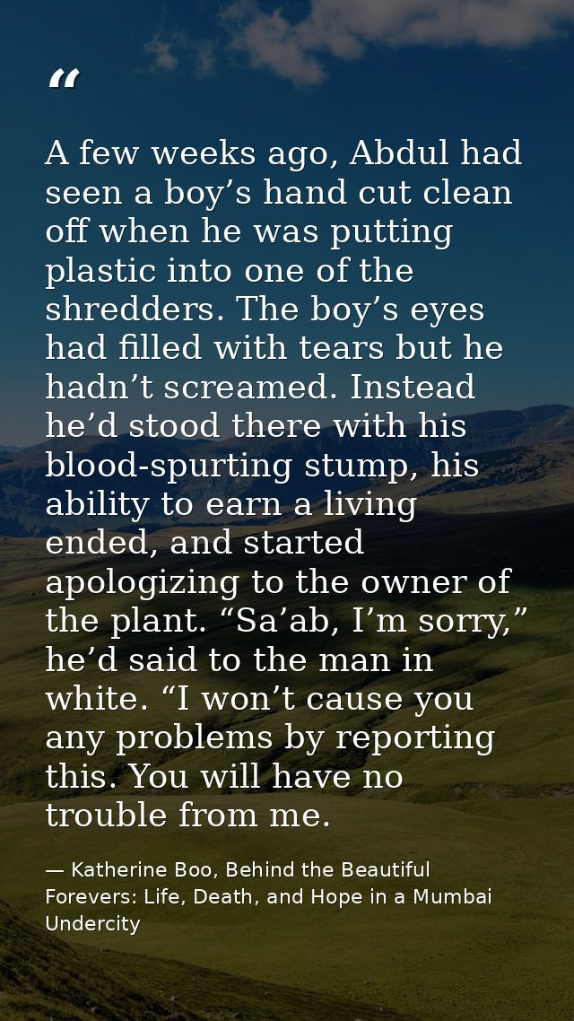A few weeks ago, Abdul had seen a boy’s hand cut clean off when he was putting plastic into one of the shredders. The bo — Katherine Boo, Behind the Beautiful Forevers: Life, Death, and Hope in a Mumbai Undercity