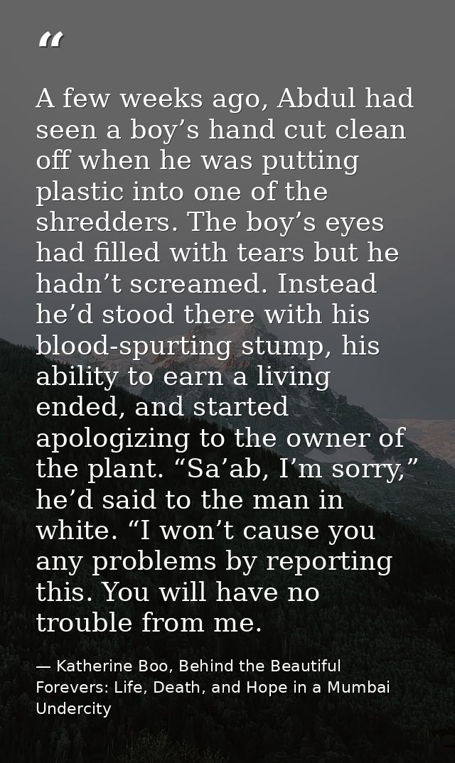 A few weeks ago, Abdul had seen a boy’s hand cut clean off when he was putting plastic into one of the shredders. The bo — Katherine Boo, Behind the Beautiful Forevers: Life, Death, and Hope in a Mumbai Undercity