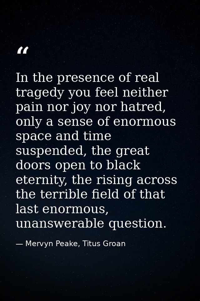 In the presence of real tragedy you feel neither pain nor joy nor hatred, only a sense of enormous space and time suspen — Mervyn Peake, Titus Groan