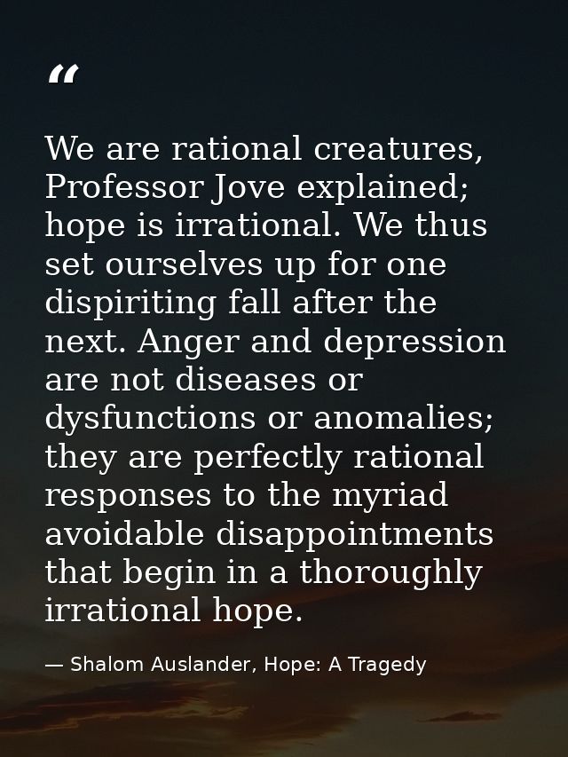 We are rational creatures, Professor Jove explained; hope is irrational. We thus set ourselves up for one dispiriting fa — Shalom Auslander, Hope: A Tragedy