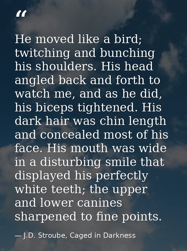 He moved like a bird; twitching and bunching his shoulders. His head angled back and forth to watch me, and as he did, h — J.D. Stroube, Caged in Darkness