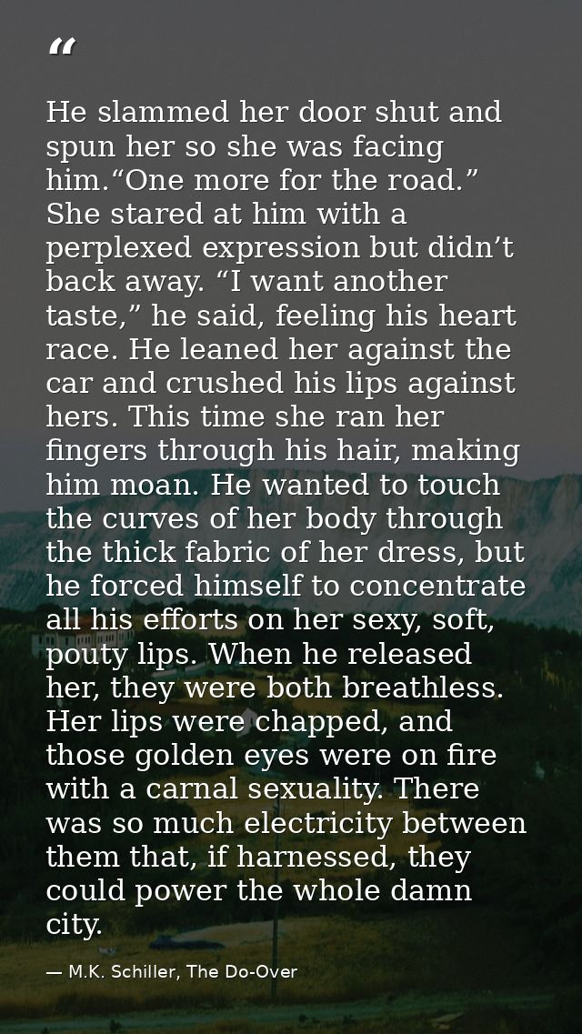 He slammed her door shut and spun her so she was facing him.“One more for the road.” She stared at him with a perplexed  — M.K. Schiller, The Do-Over
