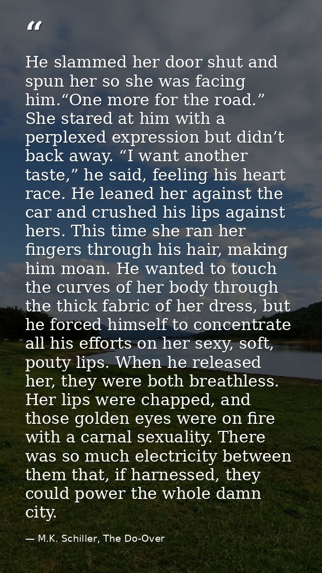 He slammed her door shut and spun her so she was facing him.“One more for the road.” She stared at him with a perplexed  — M.K. Schiller, The Do-Over