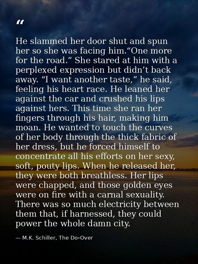 He slammed her door shut and spun her so she was facing him.“One more for the road.” She stared at him with a perplexed  — M.K. Schiller, The Do-Over