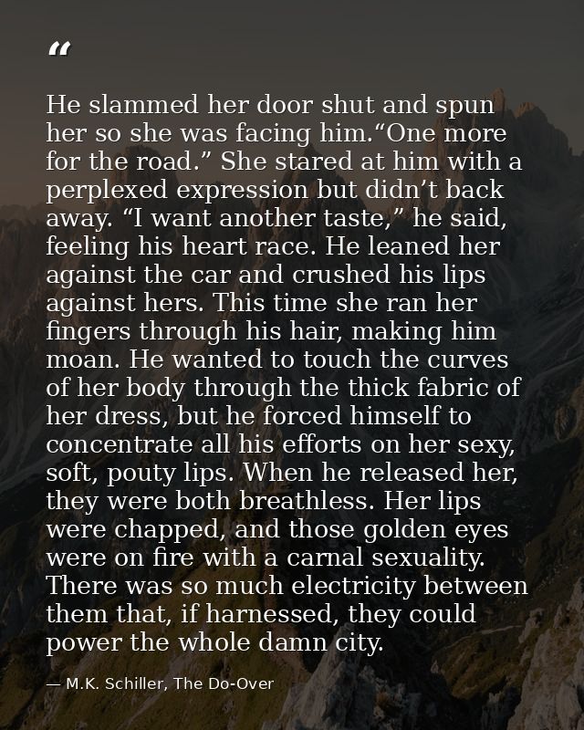 He slammed her door shut and spun her so she was facing him.“One more for the road.” She stared at him with a perplexed  — M.K. Schiller, The Do-Over