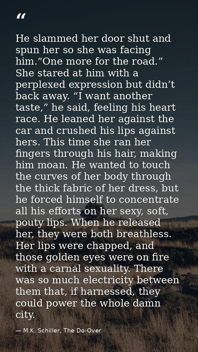 He slammed her door shut and spun her so she was facing him.“One more for the road.” She stared at him with a perplexed  — M.K. Schiller, The Do-Over